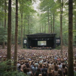 Generates a photomontage of a large, bustling concert taking place in a deep, lush forest. Captures the atmosphere of both the lively concert and serene forest with capacity for 10,000 people.