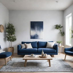 Design a living room concept that is a blend of Wabi-Sabi and Scandinavian aesthetics, using a color scheme of night blue and whites. Show comfortable furniture, natural elements, and minimalist décor.