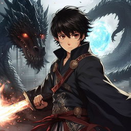 Redesigned anime-style Kaito in Makoto Shinkai's style: A dark-haired young man with pensive features, now wielding a magic sword, readies himself to face a dragon that has appeared at the magic academy. It's Kaito's first real chance to prove his worth.