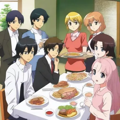 The anime series featured a satisfying feast scene where the characters enjoyed delicious meals together.