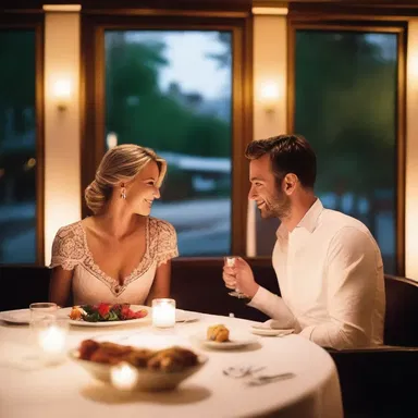 The couple celebrated their anniversary with a satisfying candlelit dinner at a fancy restaurant.