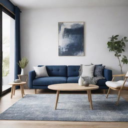 Design a living room concept that is a blend of Wabi-Sabi and Scandinavian aesthetics, using a color scheme of night blue and whites. Show comfortable furniture, natural elements, and minimalist décor.