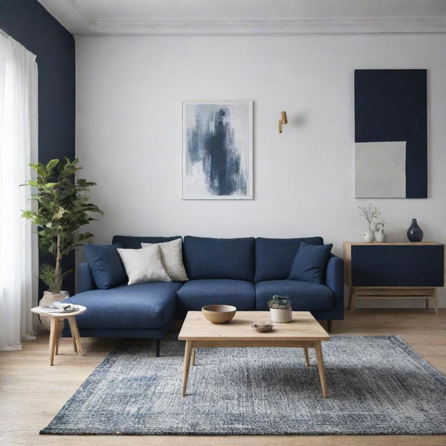 Design a living room concept that is a blend of Wabi-Sabi and Scandinavian aesthetics, using a color scheme of night blue and whites. Show comfortable furniture, natural elements, and minimalist décor.