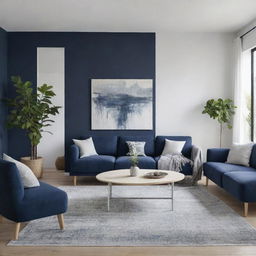 Design a living room concept that is a blend of Wabi-Sabi and Scandinavian aesthetics, using a color scheme of night blue and whites. Show comfortable furniture, natural elements, and minimalist décor.