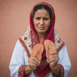 A gripping portrait of an angry Moroccan woman in traditional attire, tightly gripping a flip flop in her hand