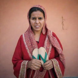 A gripping portrait of an angry Moroccan woman in traditional attire, tightly gripping a flip flop in her hand