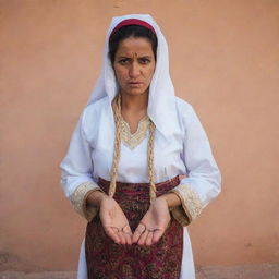 A gripping portrait of an angry Moroccan woman in traditional attire, tightly gripping a flip flop in her hand