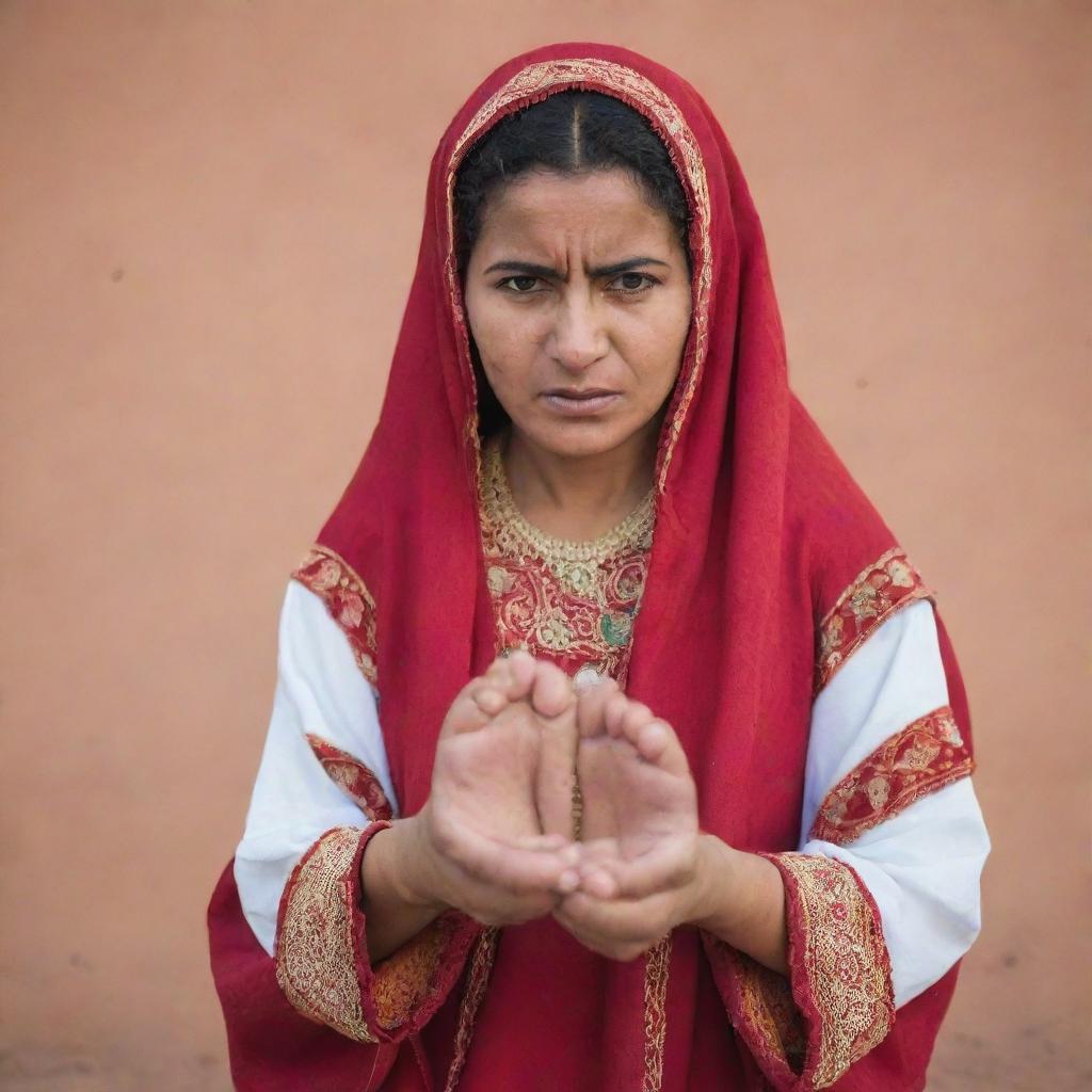 A gripping portrait of an angry Moroccan woman in traditional attire, tightly gripping a flip flop in her hand