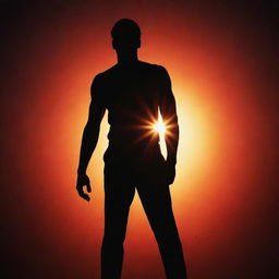 A silhouette of a man heroically standing on a vibrant and fiery sun with space as the backdrop