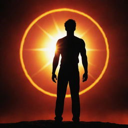 A silhouette of a man heroically standing on a vibrant and fiery sun with space as the backdrop