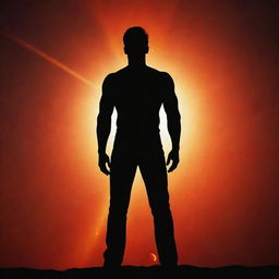 A silhouette of a man heroically standing on a vibrant and fiery sun with space as the backdrop