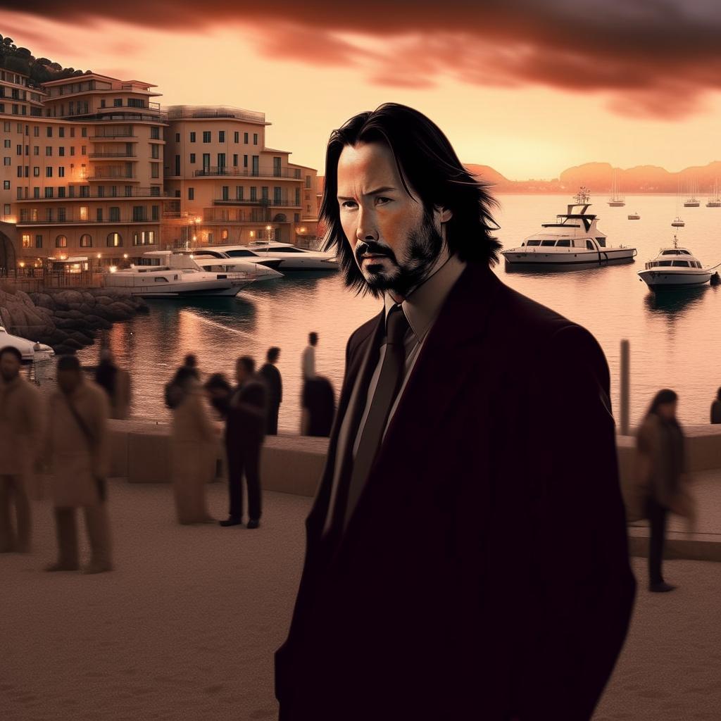 Film noir manga style image of Keanu Reeves waking up on a Monaco beach, with an eerie call about a secret meeting at the docks at 11pm.