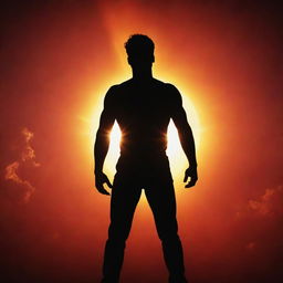 A silhouette of a man heroically standing on a vibrant and fiery sun with space as the backdrop