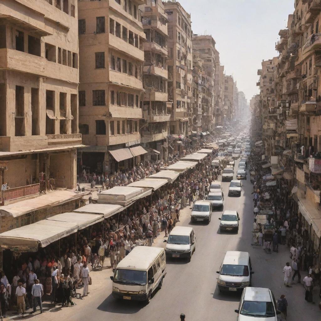 A bustling Egyptian cityscape with limited space, showcasing a challenging organization of buildings, people and vehicles creating a sense of noise and crowding.