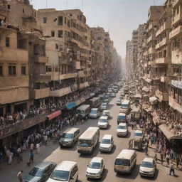 A bustling Egyptian cityscape with limited space, showcasing a challenging organization of buildings, people and vehicles creating a sense of noise and crowding.