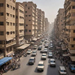 A bustling Egyptian cityscape with limited space, showcasing a challenging organization of buildings, people and vehicles creating a sense of noise and crowding.