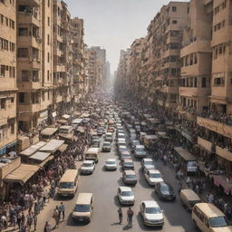 A bustling Egyptian cityscape with limited space, showcasing a challenging organization of buildings, people and vehicles creating a sense of noise and crowding.