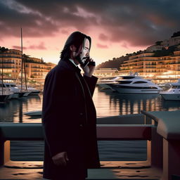 Film noir manga style image of Keanu Reeves waking up on a Monaco beach, with an eerie call about a secret meeting at the docks at 11pm.