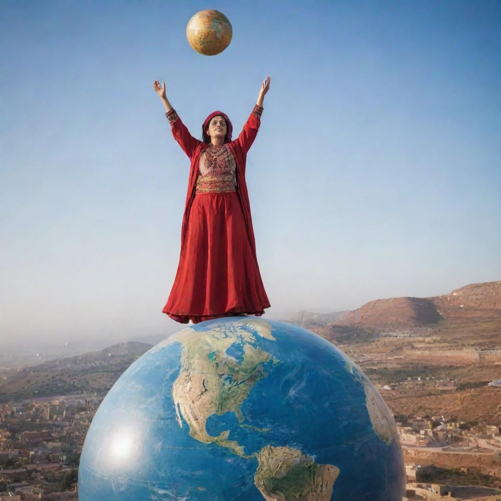 An empowering scene of the same Moroccan woman, now triumphantly standing on top of a globe, symbolically representing her conquering the world