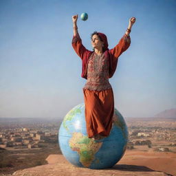 An empowering scene of the same Moroccan woman, now triumphantly standing on top of a globe, symbolically representing her conquering the world