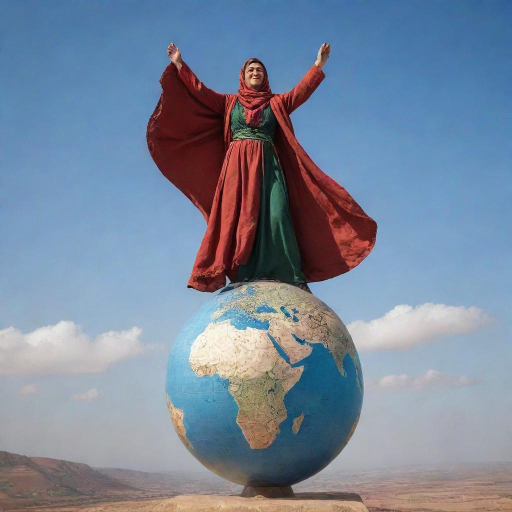 An empowering scene of the same Moroccan woman, now triumphantly standing on top of a globe, symbolically representing her conquering the world