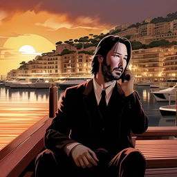 Film noir manga style image of Keanu Reeves waking up on a Monaco beach, with an eerie call about a secret meeting at the docks at 11pm.