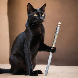 A majestic black Egyptian cat, graceful and mysterious, firmly holding a glistening ancient sword in its paw