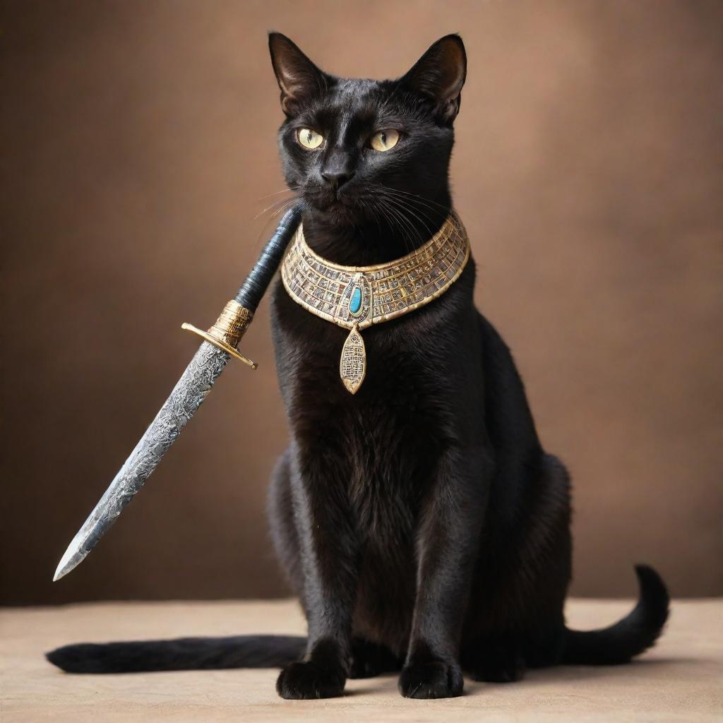 A majestic black Egyptian cat, graceful and mysterious, firmly holding a glistening ancient sword in its paw