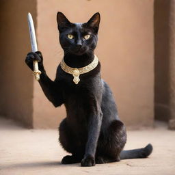 A majestic black Egyptian cat, graceful and mysterious, firmly holding a glistening ancient sword in its paw