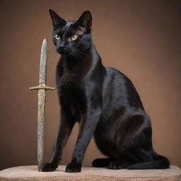 A majestic black Egyptian cat, graceful and mysterious, firmly holding a glistening ancient sword in its paw