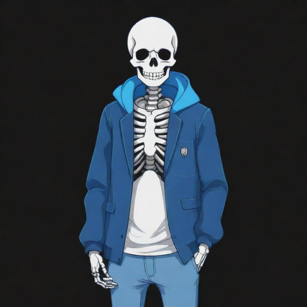 Illustration of Sans, the witty, blue-eyed skeleton character from the game Undertale, striking a casual pose with hands buried in his jacket pockets against a dark, mystical background