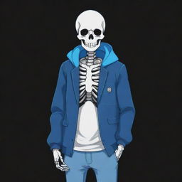 Illustration of Sans, the witty, blue-eyed skeleton character from the game Undertale, striking a casual pose with hands buried in his jacket pockets against a dark, mystical background