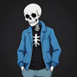 Illustration of Sans, the witty, blue-eyed skeleton character from the game Undertale, striking a casual pose with hands buried in his jacket pockets against a dark, mystical background