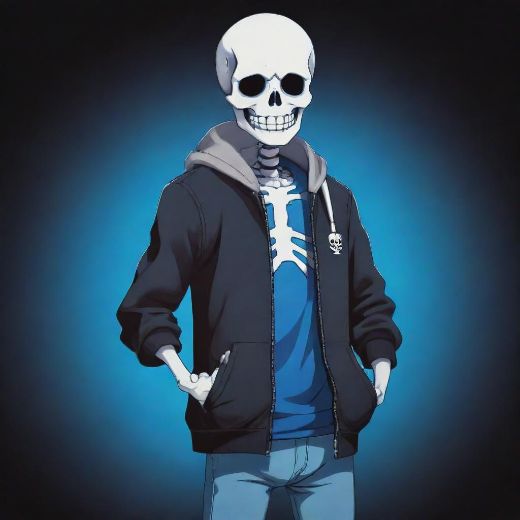 Illustration of Sans, the witty, blue-eyed skeleton character from the game Undertale, striking a casual pose with hands buried in his jacket pockets against a dark, mystical background