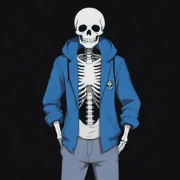 Illustration of Sans, the witty, blue-eyed skeleton character from the game Undertale, striking a casual pose with hands buried in his jacket pockets against a dark, mystical background