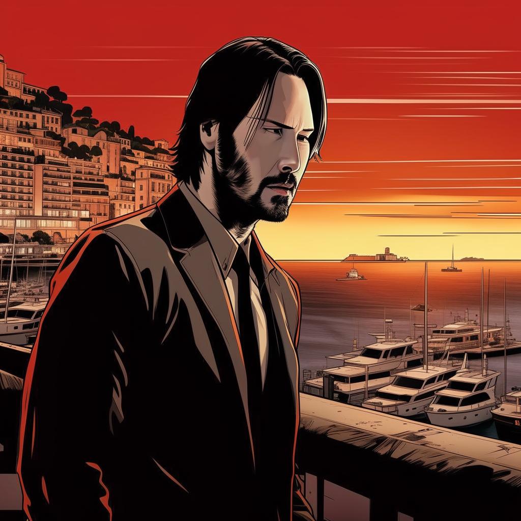 Film noir manga style image of Keanu Reeves waking up on a Monaco beach, with an eerie call about a secret meeting at the docks at 11pm.