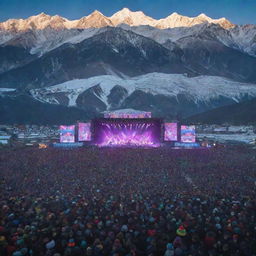 Photomontage of a massive concert attended by 10,000 people situated in the frosty Himalayan ranges. Snow-capped mountains are visible behind a stage illuminated with colorful concert lighting.