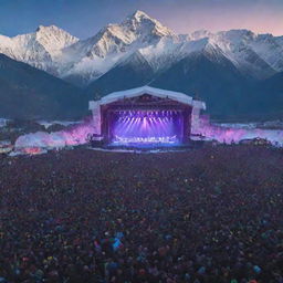 Photomontage of a massive concert attended by 10,000 people situated in the frosty Himalayan ranges. Snow-capped mountains are visible behind a stage illuminated with colorful concert lighting.