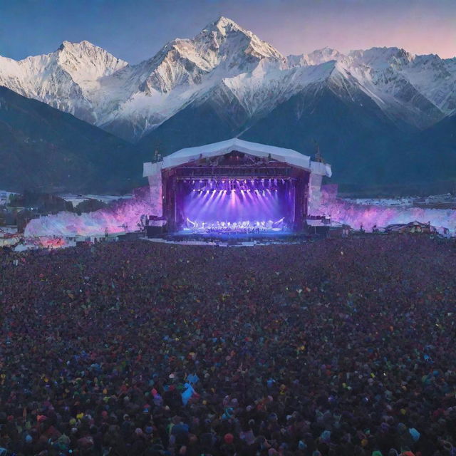 Photomontage of a massive concert attended by 10,000 people situated in the frosty Himalayan ranges. Snow-capped mountains are visible behind a stage illuminated with colorful concert lighting.