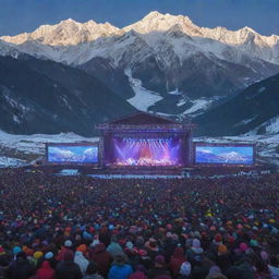 Photomontage of a massive concert attended by 10,000 people situated in the frosty Himalayan ranges. Snow-capped mountains are visible behind a stage illuminated with colorful concert lighting.