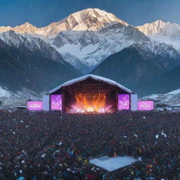 Photomontage of a massive concert attended by 10,000 people situated in the frosty Himalayan ranges. Snow-capped mountains are visible behind a stage illuminated with colorful concert lighting.