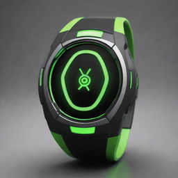 Design of an improved Omnitrix, blending high-tech and alien aesthetics, featuring sleek curves, vibrant colors, and enhanced interface with intuitive holographic displays, set against a futuristic background