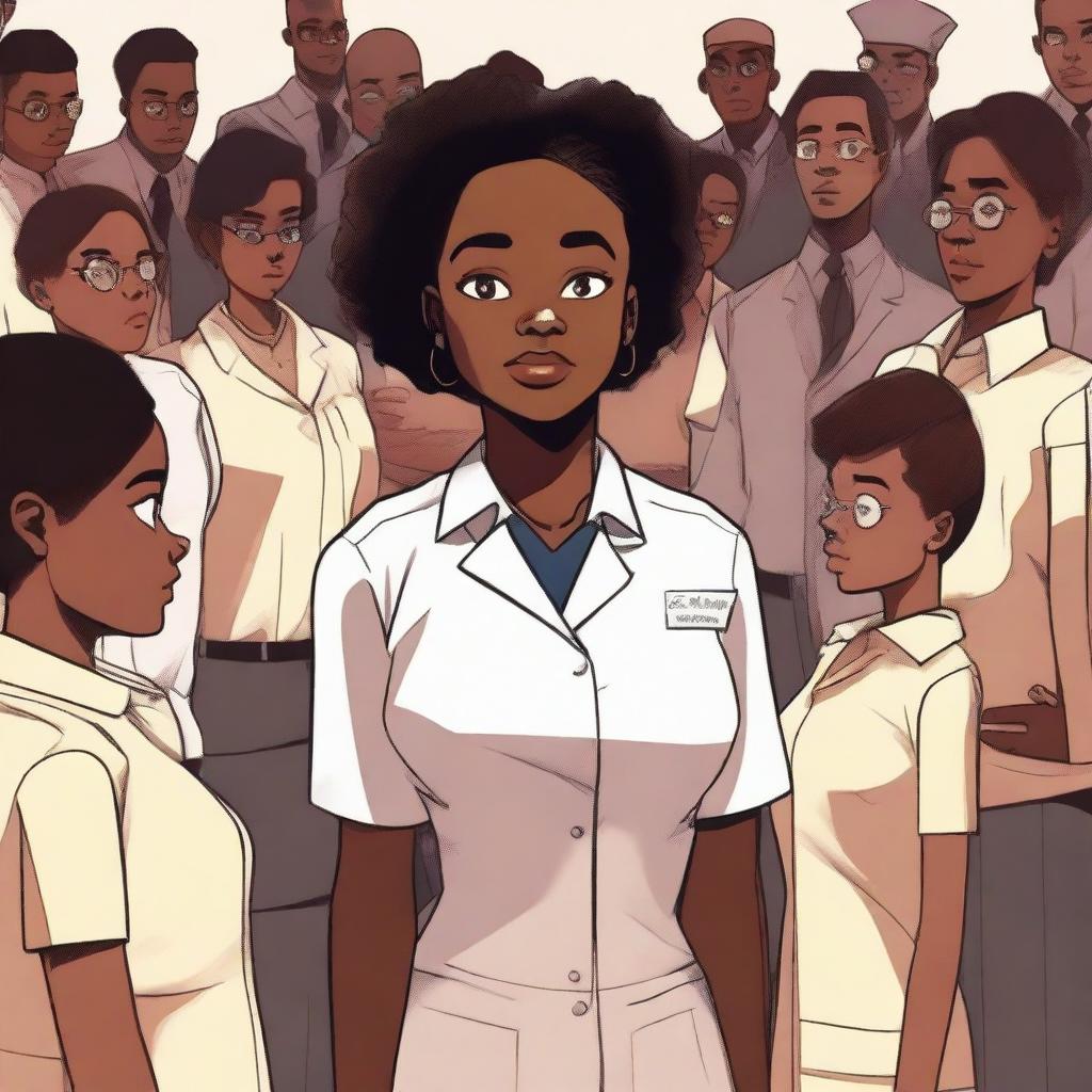 This is a high-quality digital art image that shows a black girl, dressed in a professional therapist's uniform, standing assertively next to a group of delinquents