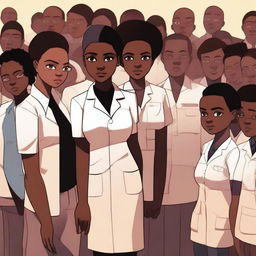 This is a high-quality digital art image that shows a black girl, dressed in a professional therapist's uniform, standing assertively next to a group of delinquents