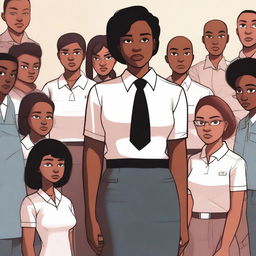 This is a high-quality digital art image that shows a black girl, dressed in a professional therapist's uniform, standing assertively next to a group of delinquents