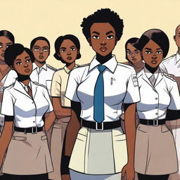 This is a high-quality digital art image that shows a black girl, dressed in a professional therapist's uniform, standing assertively next to a group of delinquents