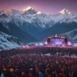 Create an energizing moodboard depicting a concert held within the majestic Himalayan ranges, filled with 10,000 people. Blend into the image the contrast of vibrant concert lights and snow-covered peaks.