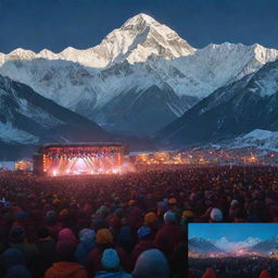 Create an energizing moodboard depicting a concert held within the majestic Himalayan ranges, filled with 10,000 people. Blend into the image the contrast of vibrant concert lights and snow-covered peaks.