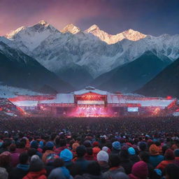 Create an energizing moodboard depicting a concert held within the majestic Himalayan ranges, filled with 10,000 people. Blend into the image the contrast of vibrant concert lights and snow-covered peaks.