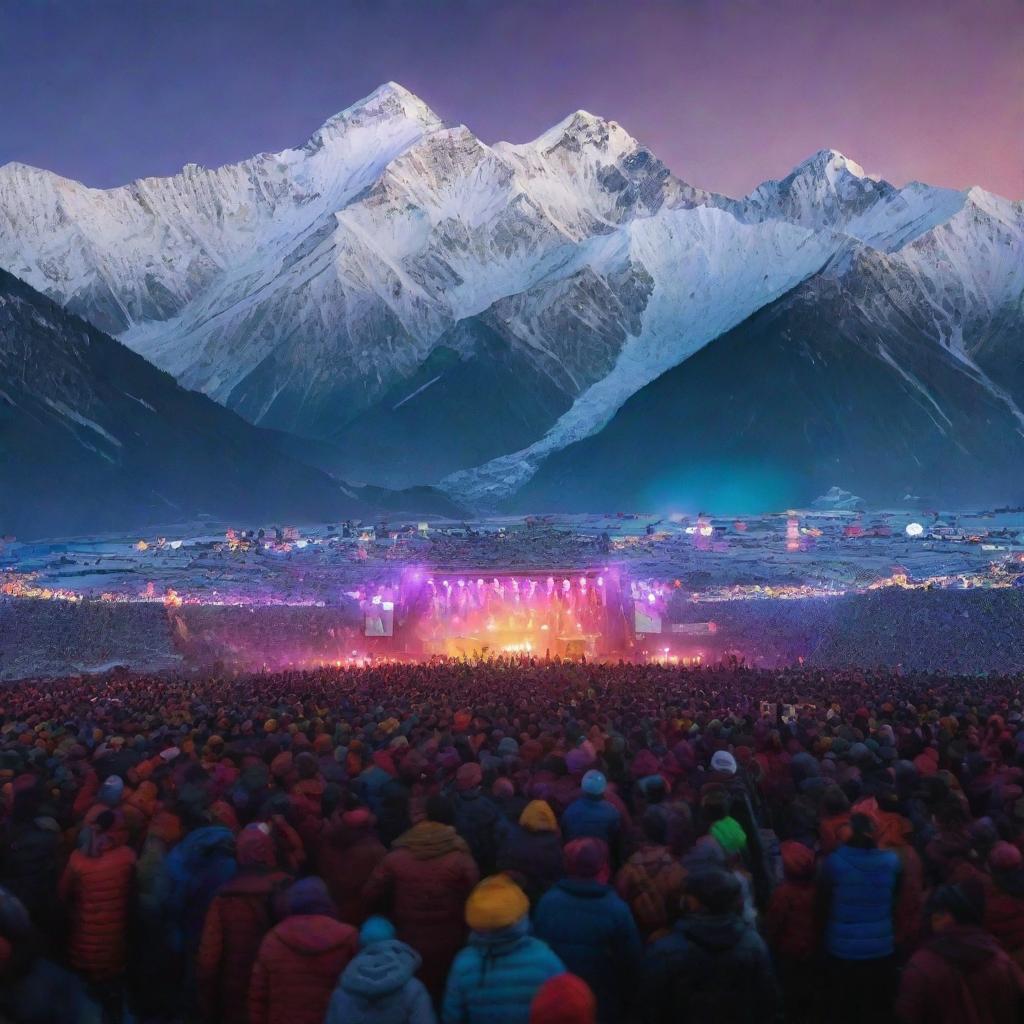 Create an energizing moodboard depicting a concert held within the majestic Himalayan ranges, filled with 10,000 people. Blend into the image the contrast of vibrant concert lights and snow-covered peaks.